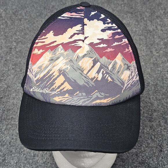 Eddie Bauer Black Trucker Hat Mountain Graphic Mesh Snapback Cap Nature Outdoor - Picture 2 of 7